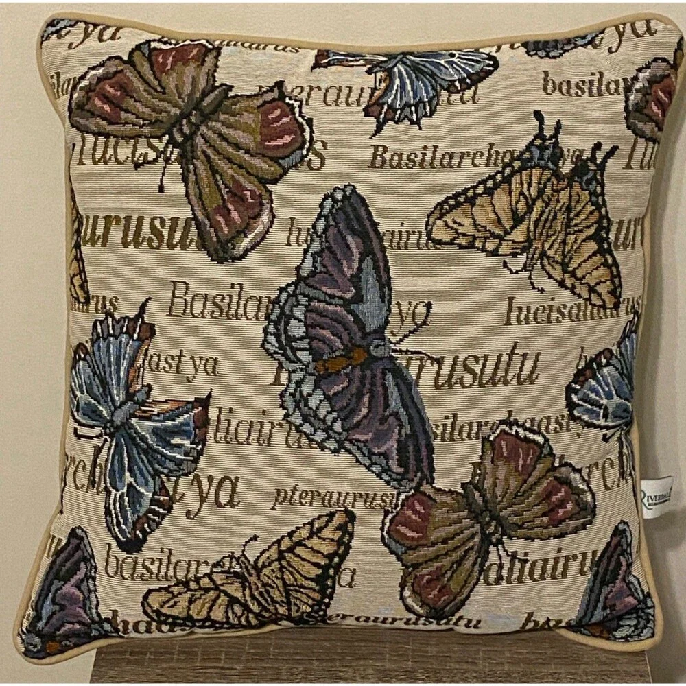 Riverdale Tapestry Throw Butterfly Pillow Butterflies Nature Fall Tan 16x16 EUC
